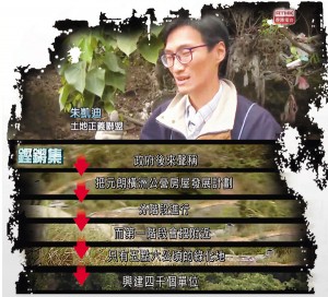 朱凱今年3月接受《鏗鏘集》訪問,證實他早知橫洲分階段興建公屋的計劃。朱當日受訪時提到,政府第一階段會在附近5.6公頃的地皮上興建4,000個單位。港台電視片段截圖