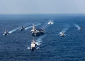 170328-N-HD638-045 PHILIPPINE SEA (March 28, 2017) The Nimitz-class aircraft carrier USS Carl Vinson (CVN 70), Arleigh Burke-class guided-missile destroyer USS Wayne E. Meyer (DDG 108) and Ticonderoga-class guided-missile cruiser USS Lake Champlain (CG 57) participate in a photo exercise with Japan Maritime Self-Defense Force destroyers. The Carl Vinson Carrier Strike Group is on a western Pacific deployment as part of the U.S. Pacific Fleet-led initiative to extend the command and control functions of U.S. 3rd Fleet. (U.S. Navy photo by Mass Communication Specialist 3rd Class Matt Brown/Released)