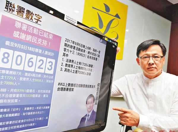 何君堯形容，聯署群情洶湧，有足夠民意基礎支持港大辭退戴耀廷。 香港文匯報記者曾慶威 攝